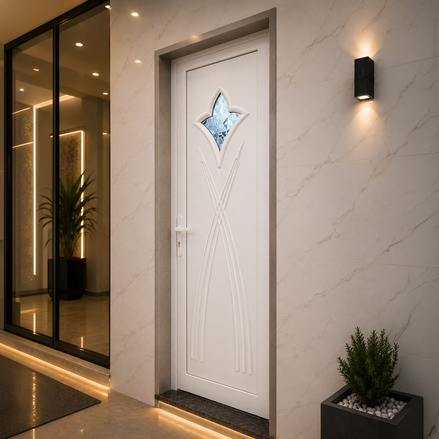 Porte à un vantail — Ouverture à l'intérieur avec plinthe (blanc, variante)
