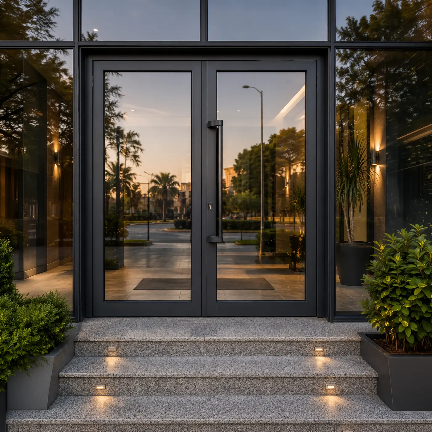 Porte d'entrée à deux vantaux — Ouverture à l'intérieur avec plinthe