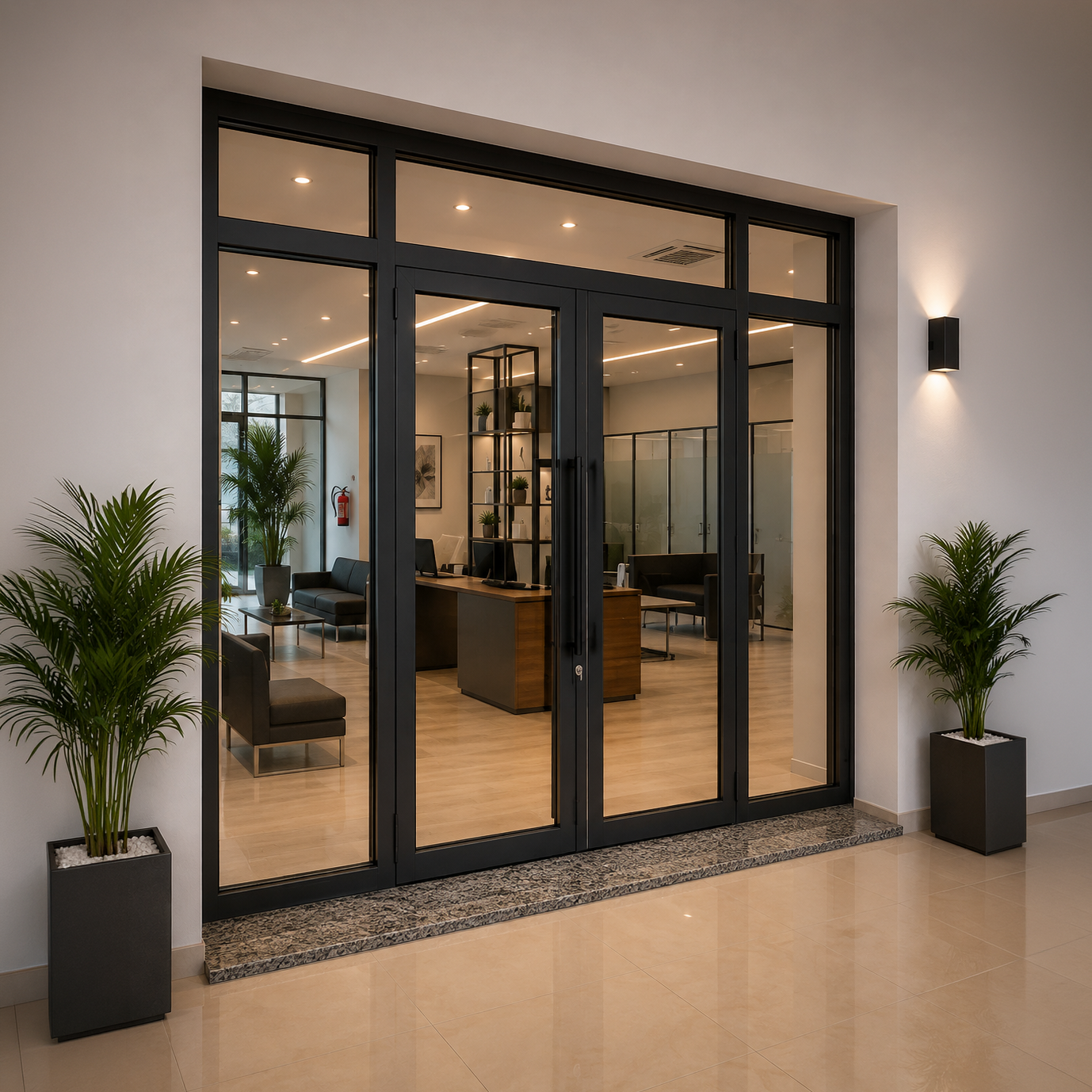 Porte à deux vantaux — Ouverture à l'intérieur avec plinthe et fixe