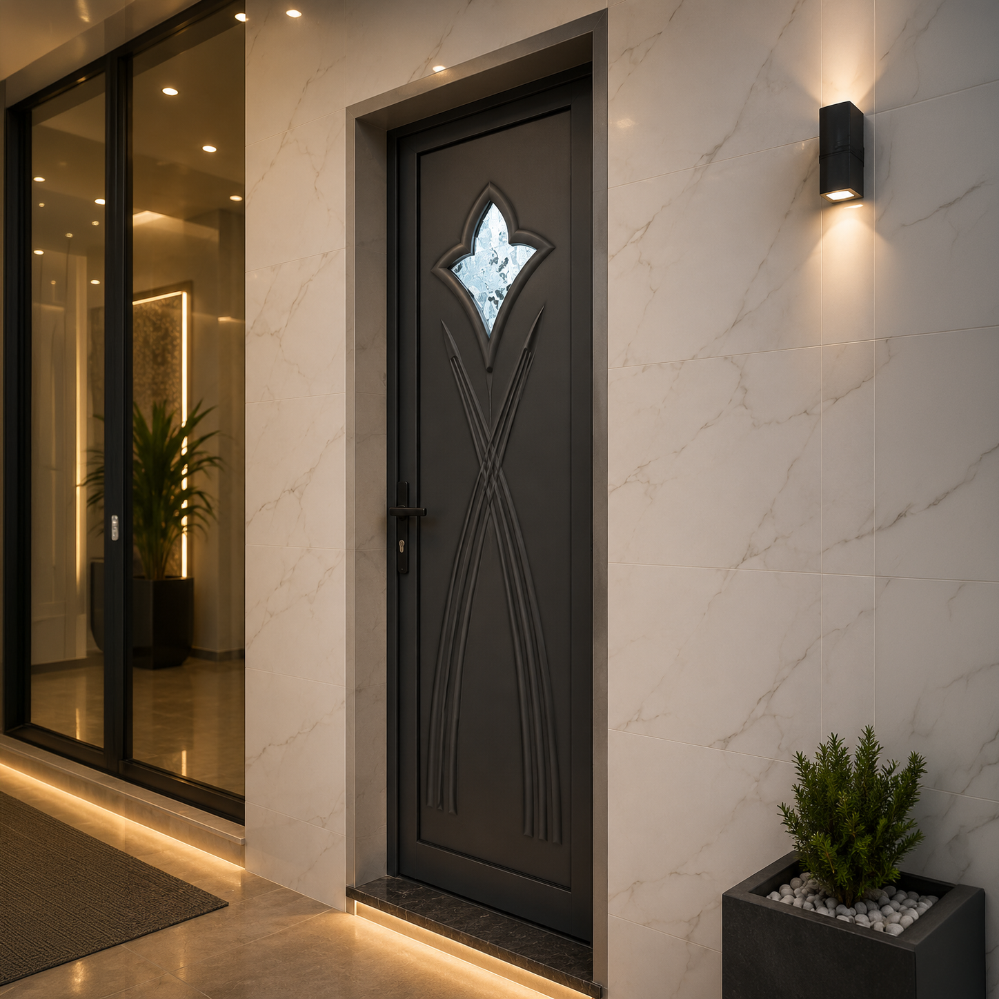 Porte à un vantail — Ouverture à l'intérieur avec plinthe (noir)
