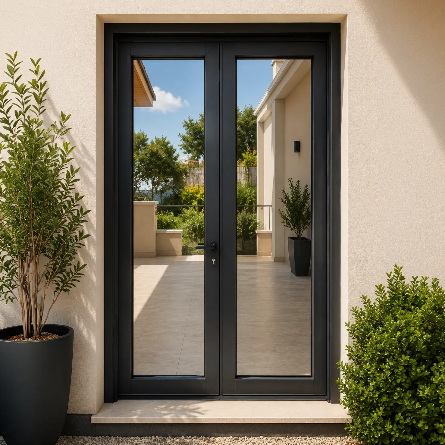 Porte à deux vantaux — Ouverture à l'extérieur avec plinthe
